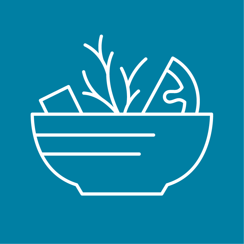 An icon depicting a salad bowl against a blue background.